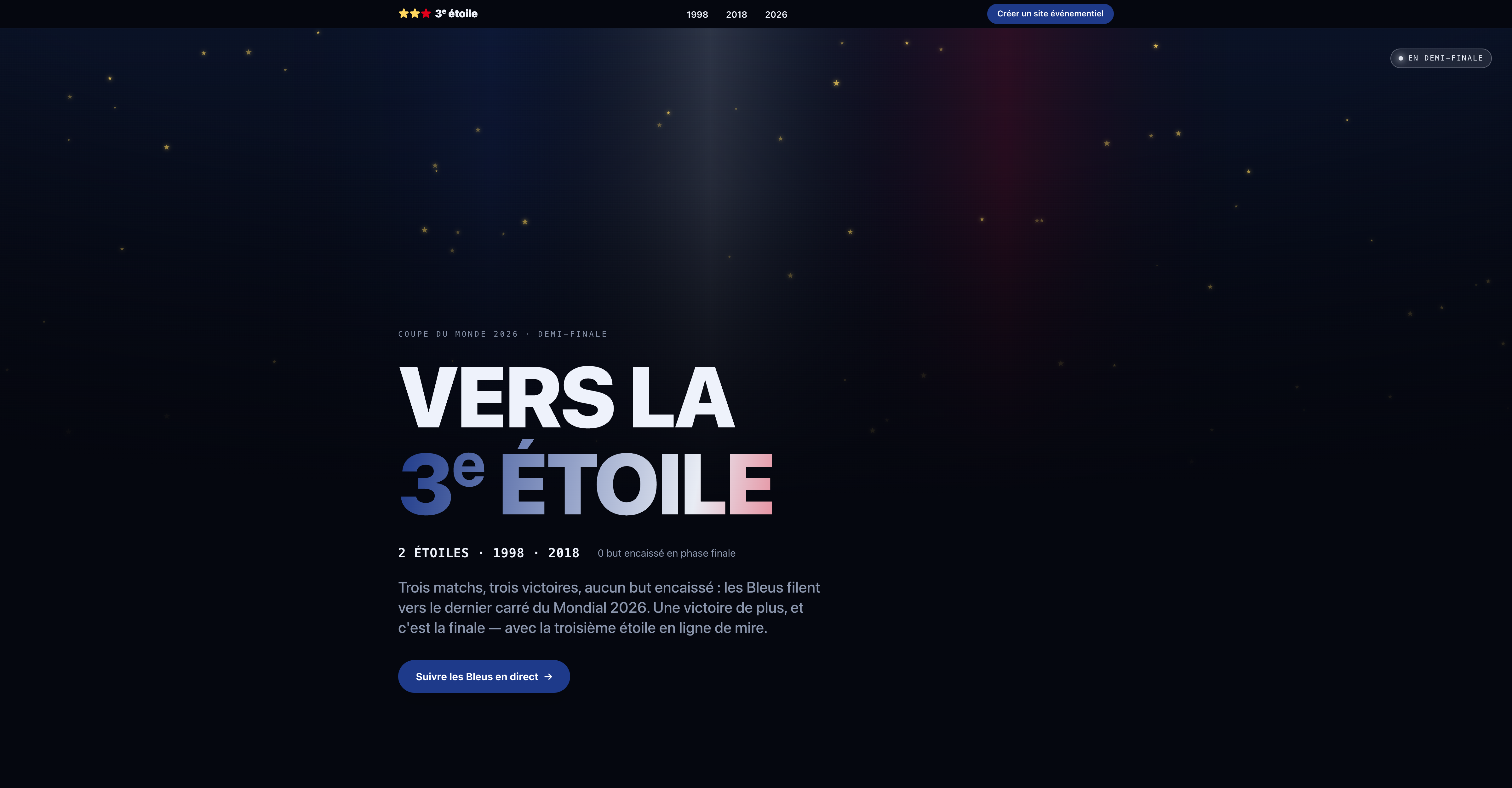 « Vers la 3ᵉ étoile » : notre mini-site Coupe du Monde 2026, retiré du site vitrine et désormais porté par notre brique CMS Appli en Direct, alimentée par nos données LiveSports.