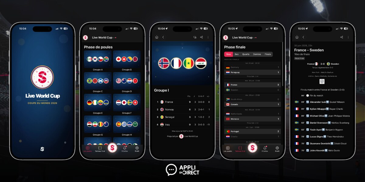 Parcours dans l'application Live World Cup : poules, groupe, phase finale et détail d'un match en direct