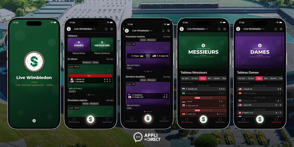 Parcours dans l'application Live Wimbledon : accueil, tableaux, prochains matchs et résultats en direct