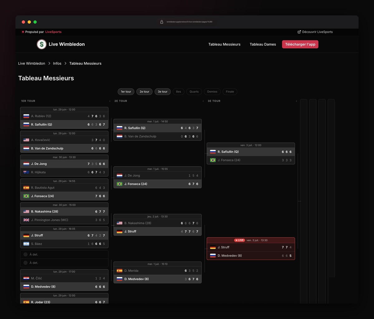 Tableau Messieurs de Wimbledon 2026, généré automatiquement par Livesports